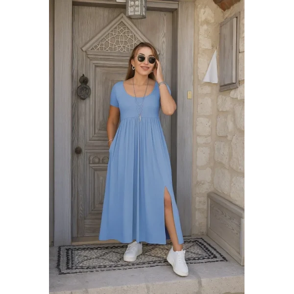 Kadın Kısa Kollu Yuvarlak Yaka önden Yırtmaçlı Cepli Viskon Uzun Elbise