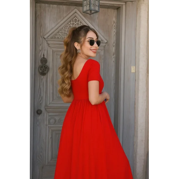 Kadın Kısa Kollu Yuvarlak Yaka önden Yırtmaçlı Cepli Viskon Uzun Elbise