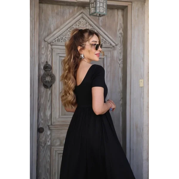 Kadın Kısa Kollu Yuvarlak Yaka önden Yırtmaçlı Cepli Viskon Uzun Elbise