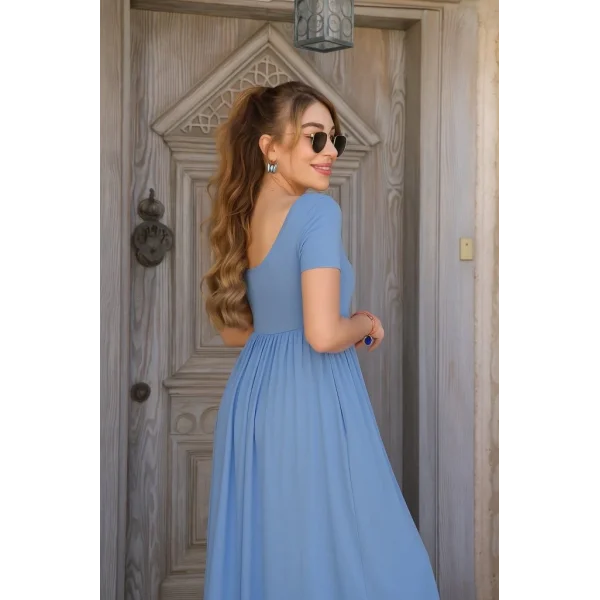 Kadın Kısa Kollu Yuvarlak Yaka önden Yırtmaçlı Cepli Viskon Uzun Elbise