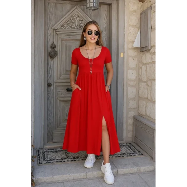 Kadın Kısa Kollu Yuvarlak Yaka önden Yırtmaçlı Cepli Viskon Uzun Elbise