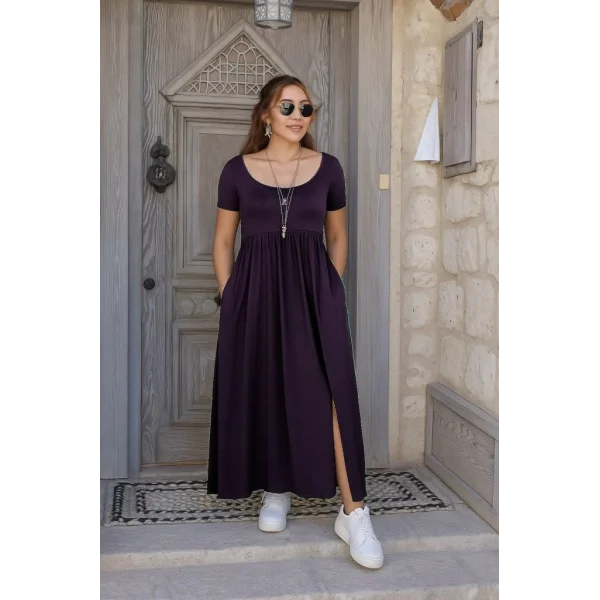 Kadın Kısa Kollu Yuvarlak Yaka önden Yırtmaçlı Cepli Viskon Uzun Elbise