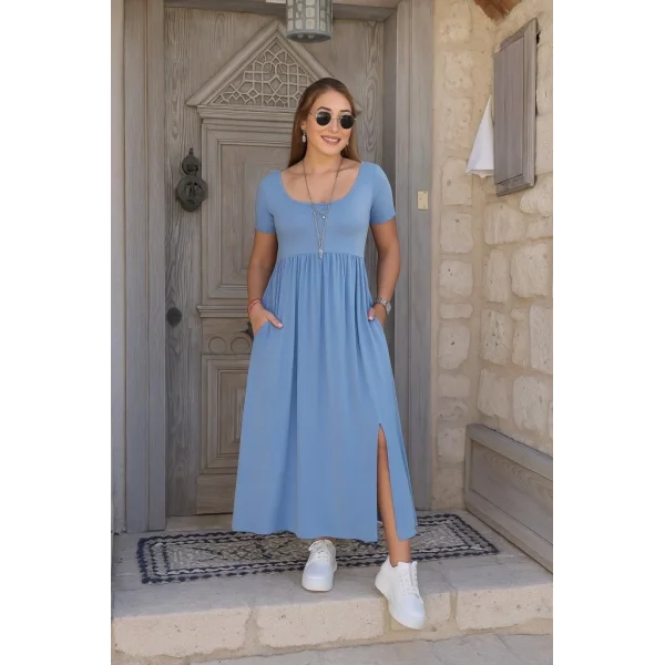 Kadın Kısa Kollu Yuvarlak Yaka önden Yırtmaçlı Cepli Viskon Uzun Elbise