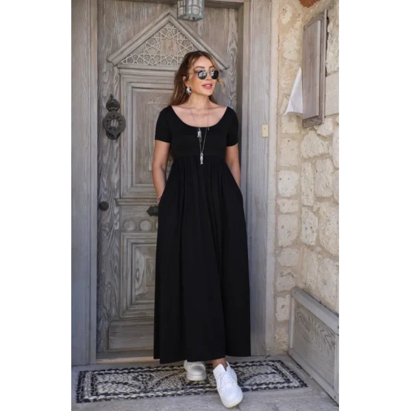 Kadın Kısa Kollu Yuvarlak Yaka önden Yırtmaçlı Cepli Viskon Uzun Elbise