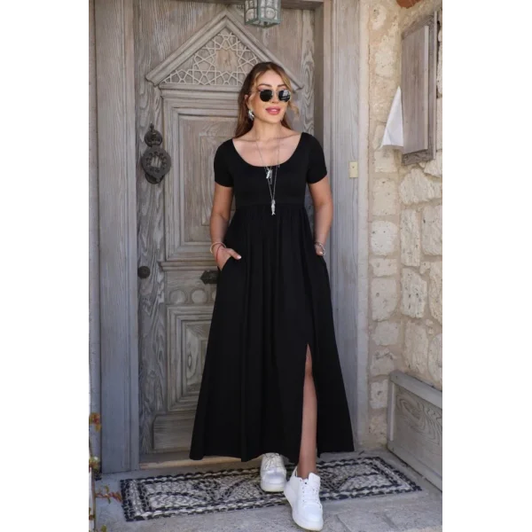 Kadın Kısa Kollu Yuvarlak Yaka önden Yırtmaçlı Cepli Viskon Uzun Elbise