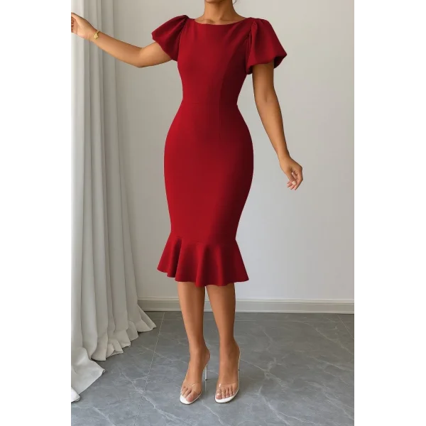 Kadın Kısa Kollu Yuvarlak Yaka Pileli Janjan Krep Elbise