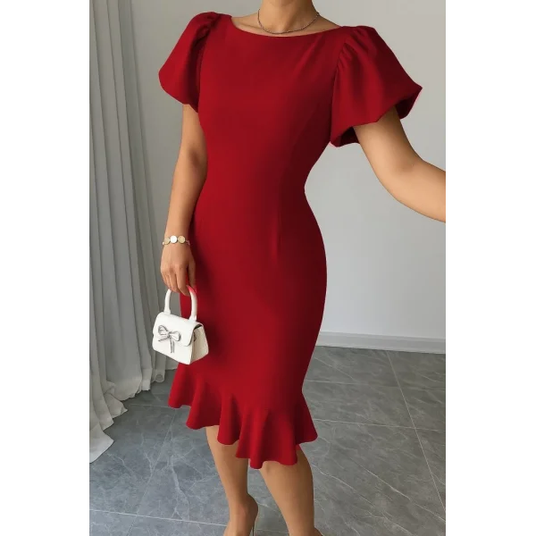 Kadın Kısa Kollu Yuvarlak Yaka Pileli Janjan Krep Elbise