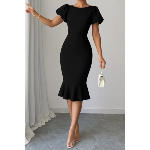 Kadın Kısa Kollu Yuvarlak Yaka Pileli Janjan Krep Elbise