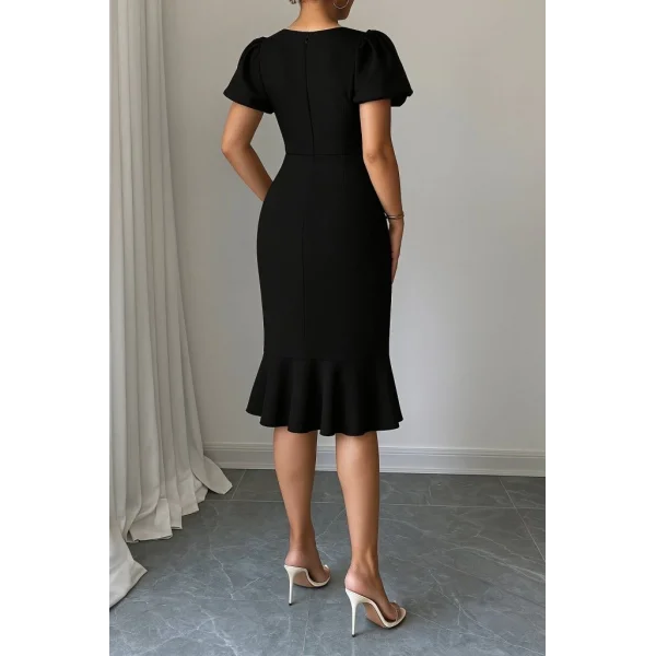 Kadın Kısa Kollu Yuvarlak Yaka Pileli Janjan Krep Elbise