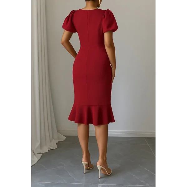 Kadın Kısa Kollu Yuvarlak Yaka Pileli Janjan Krep Elbise