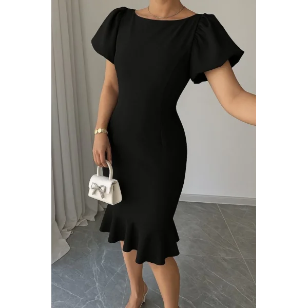 Kadın Kısa Kollu Yuvarlak Yaka Pileli Janjan Krep Elbise