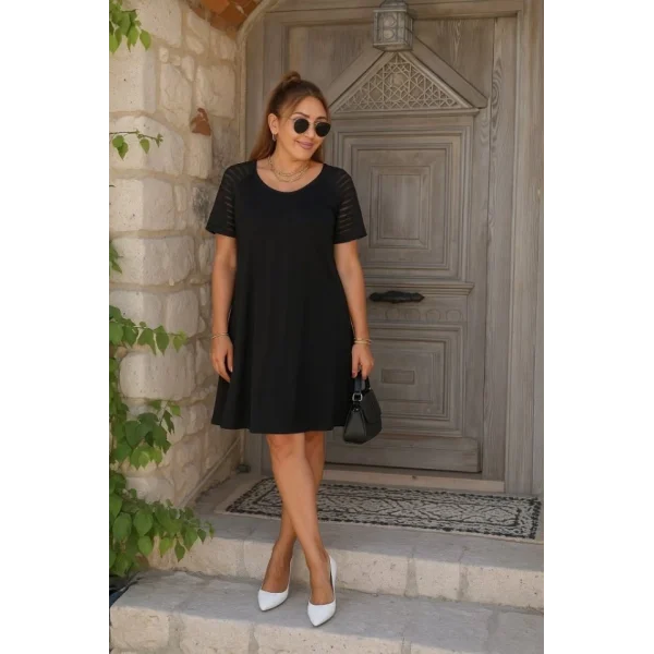 Kadın Kısa Kollu Yuvarlak Yaka şerit Kol Detaylı Viskon Elbise