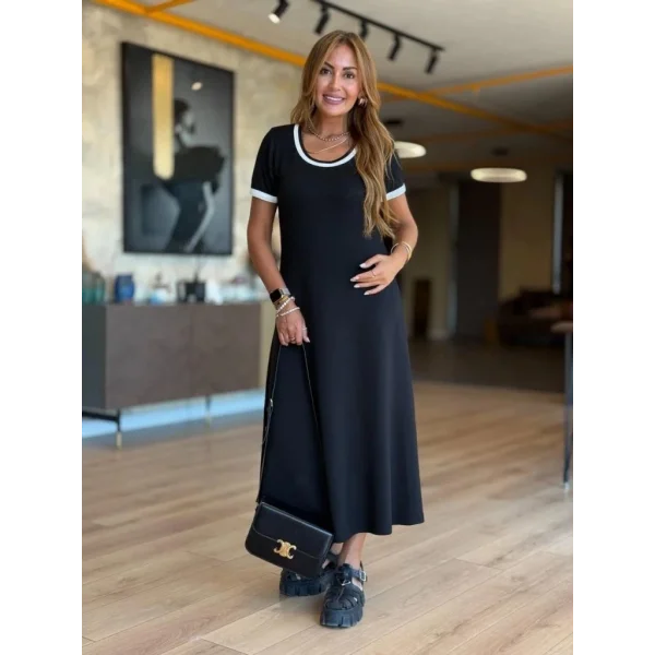 Kadın Kısa Kollu Yuvarlak Yaka Yandan Yırtmaçlı Midi Viskon Elbise