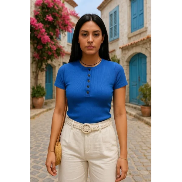 Kadın Kısa Kollu Yuvarlak Yakalı Düğme Detay Kaşkorse Bluz