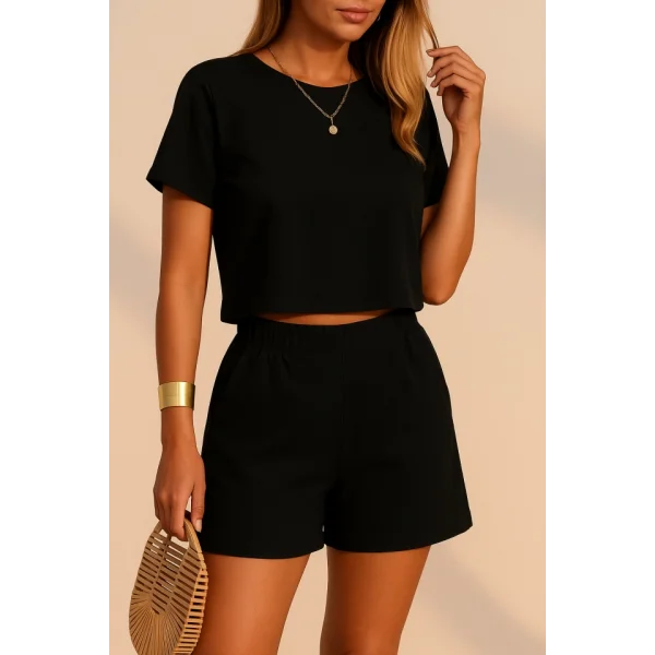 Kadın Kısa Kollu Yuvarlak Yakalı Ithal Keten Bluz Ve Short Ikili Takım