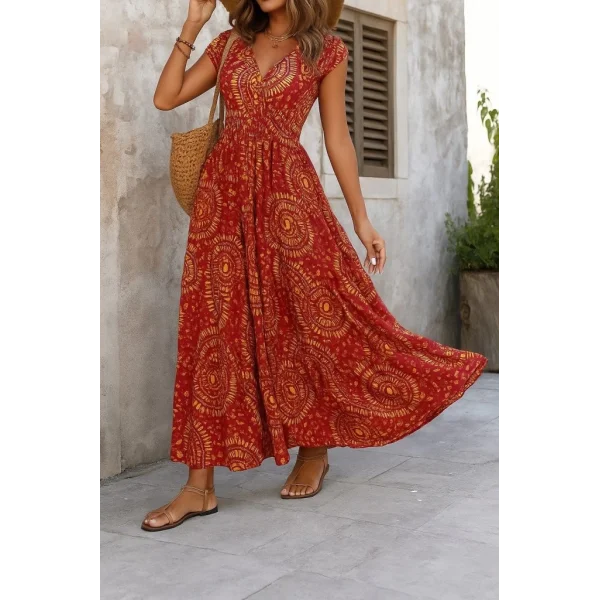 Kadın Kısa Yarasa Kanat Kollu V Yakalı Beli Büzgülü Süprem Elbise