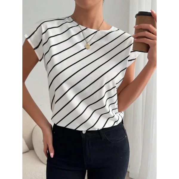Kadın Kısa Yarasa Kollu Bisiklet Yaka çizgi Desenli Atlas Bluz