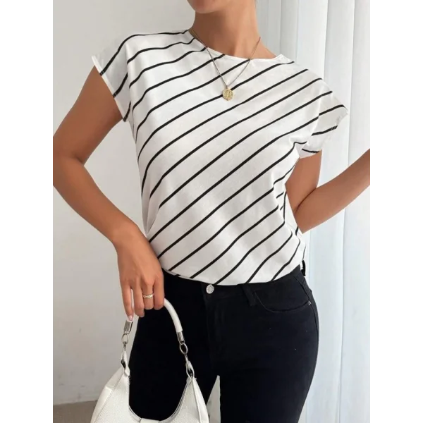 Kadın Kısa Yarasa Kollu Bisiklet Yaka çizgi Desenli Atlas Bluz