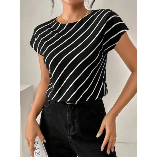 Kadın Kısa Yarasa Kollu Bisiklet Yaka çizgi Desenli Atlas Bluz