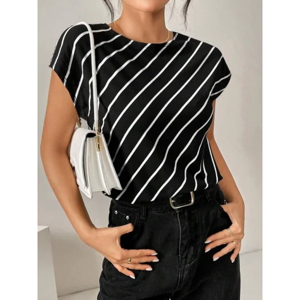 Kadın Kısa Yarasa Kollu Bisiklet Yaka çizgi Desenli Atlas Bluz