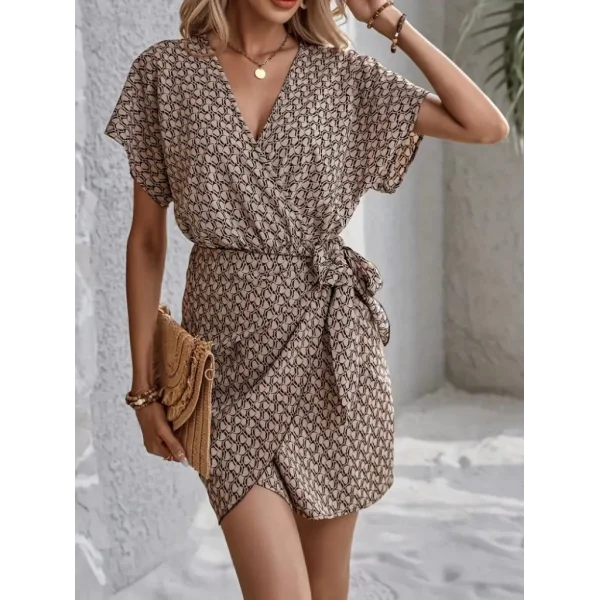 Kadın Kısa Yarasa Kollu önden Kruvaze Yaka Detaylı önden Bağlamalı Desenli Süprem Elbise