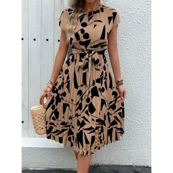 Kadın Kısa Yarasa Kollu Yuvarlak Yaka Beli Büzgülü Süprem Elbise