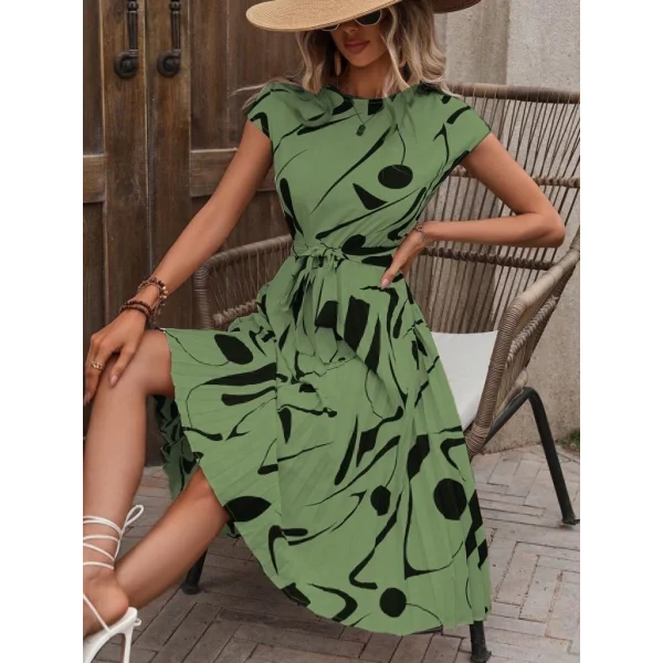 Kadın Kısa Yarasa Kollu Yuvarlak Yaka Beli Büzgülü Süprem Elbise