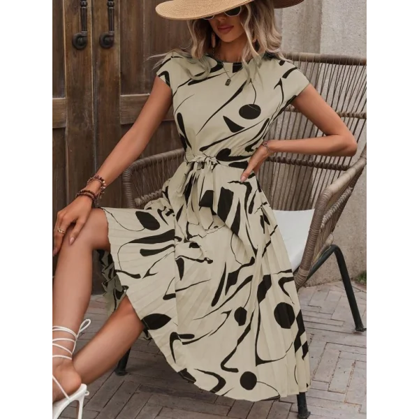 Kadın Kısa Yarasa Kollu Yuvarlak Yaka Beli Büzgülü Süprem Elbise