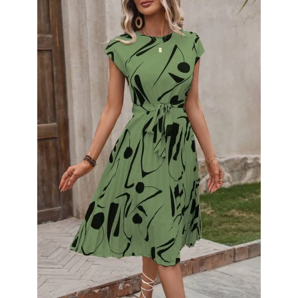 Kadın Kısa Yarasa Kollu Yuvarlak Yaka Beli Büzgülü Süprem Elbise