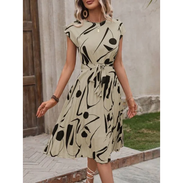 Kadın Kısa Yarasa Kollu Yuvarlak Yaka Beli Büzgülü Süprem Elbise