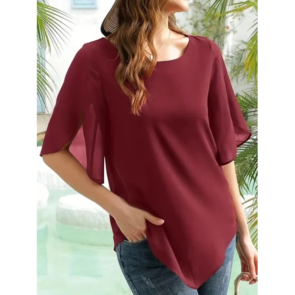 Kadın Kısa Yırtmaç Kollu Yuvarlak Yaka şifon Bluz