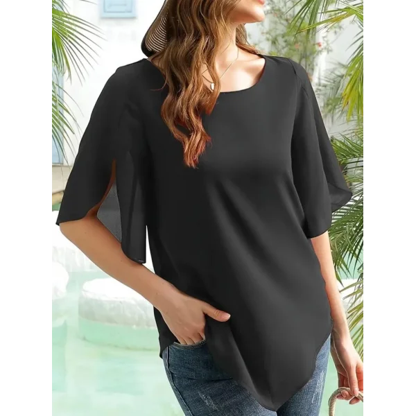 Kadın Kısa Yırtmaç Kollu Yuvarlak Yaka şifon Bluz