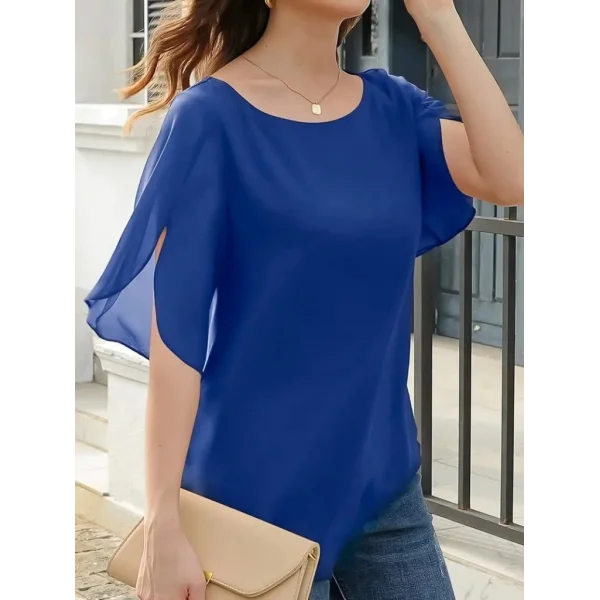 Kadın Kısa Yırtmaç Kollu Yuvarlak Yaka şifon Bluz