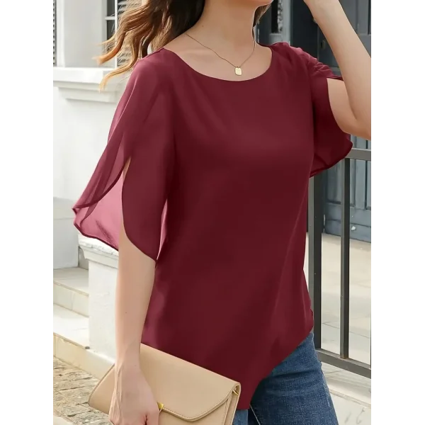 Kadın Kısa Yırtmaç Kollu Yuvarlak Yaka şifon Bluz