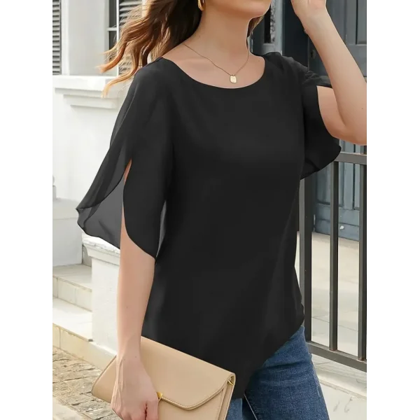 Kadın Kısa Yırtmaç Kollu Yuvarlak Yaka şifon Bluz