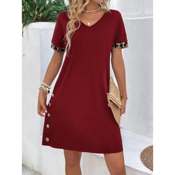 Kadın Kolları Leopar Eteği Düğme Detay Viskon Elbise