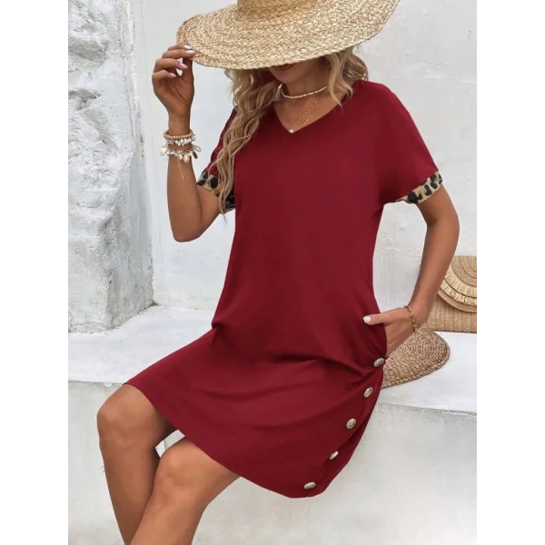 Kadın Kolları Leopar Eteği Düğme Detay Viskon Elbise