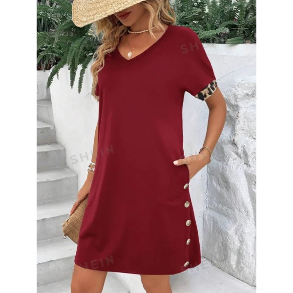 Kadın Kolları Leopar Eteği Düğme Detay Viskon Elbise