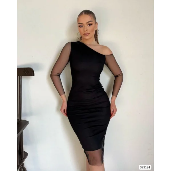 Kadın Kolları Tül Detay Omuz Dekolteli Diz üstü Kalem Elbise