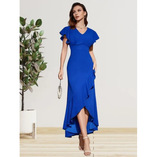 Kadın Kolları Ve Eteği Volanlı Ithal Krep Elbise