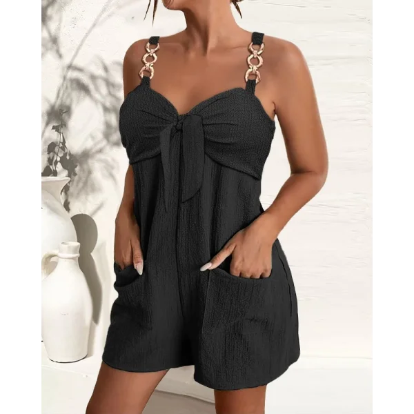 Kadın Kolsuz Askı Aksesuarlı önü Bağlama Detay Salopet şort Tulum