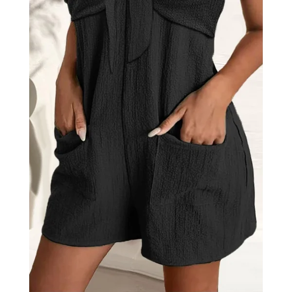 Kadın Kolsuz Askı Aksesuarlı önü Bağlama Detay Salopet şort Tulum