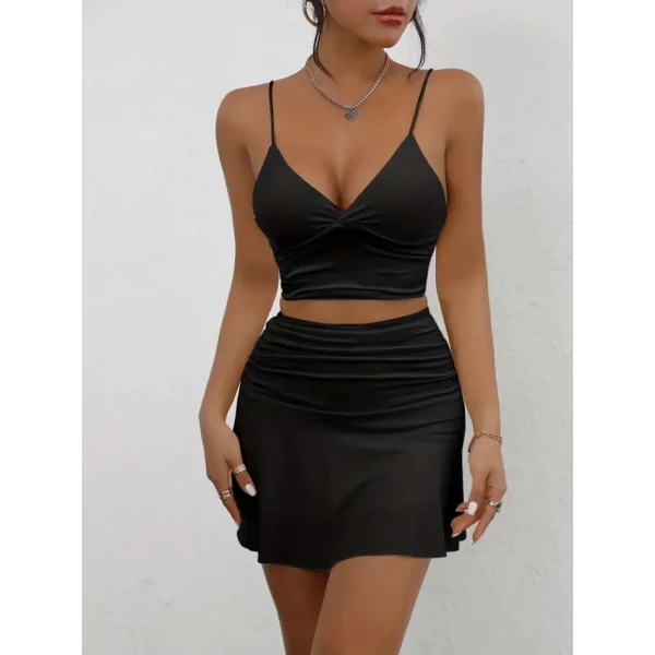 Kadın Kolsuz Askılı Crop Mini Etek Ikili Sandy Takım