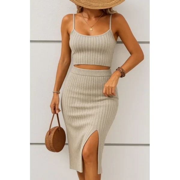 Kadın Kolsuz Askılı Crop Yırtmaçlı Midi Etek Fitilli Kaşkorse Takım