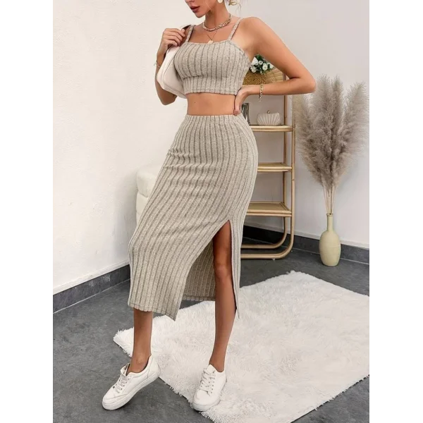 Kadın Kolsuz Askılı Crop Yırtmaçlı Midi Etek Fitilli Kaşkorse Takım