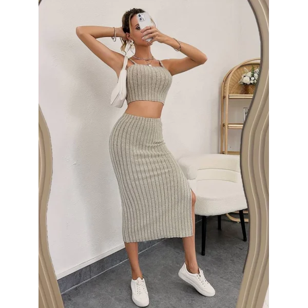 Kadın Kolsuz Askılı Crop Yırtmaçlı Midi Etek Fitilli Kaşkorse Takım