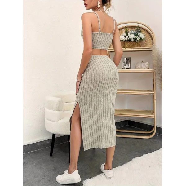 Kadın Kolsuz Askılı Crop Yırtmaçlı Midi Etek Fitilli Kaşkorse Takım