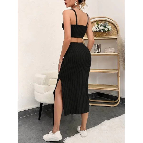 Kadın Kolsuz Askılı Crop Yırtmaçlı Midi Etek Fitilli Kaşkorse Takım