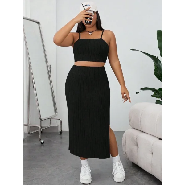 Kadın Kolsuz Askılı Crop Yırtmaçlı Midi Etek Fitilli Kaşkorse Takım