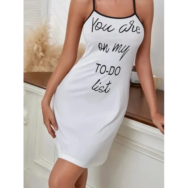 Kadın Kolsuz Askılı Sırt çapraz Detay To Do List Baskı Süprem Gecelik Elbise